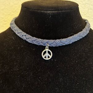 Blue Braided Choker Necklace with Peace Pendant